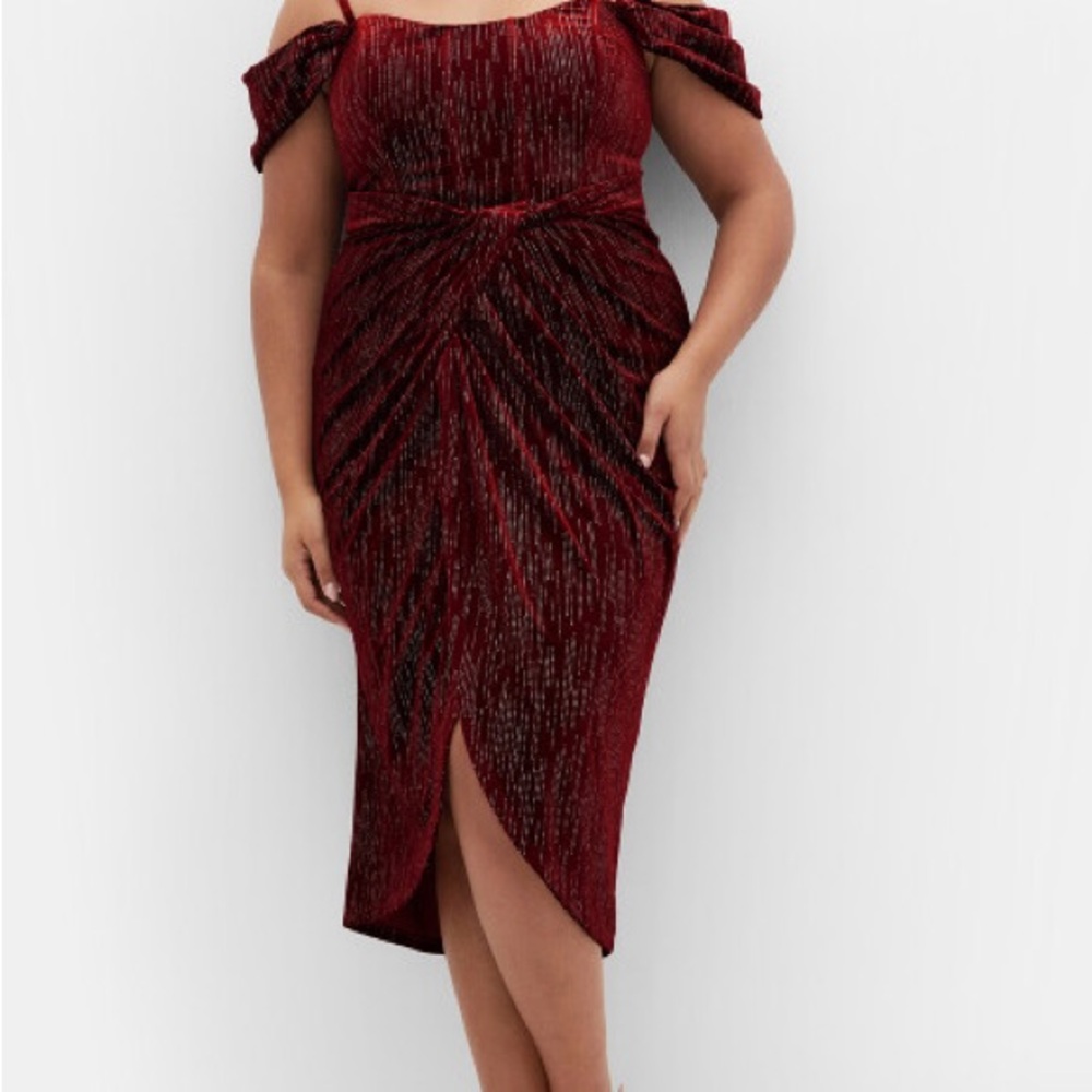 City Chic Burgundy Off-Shoulder Holiday Velvet  Midi Dress
